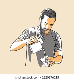 barista de café de dibujo para banner, folleto, impresión de arte, afiche, etiqueta de embalaje. barista de dibujo de tinta. dibujo de barista de cafetería