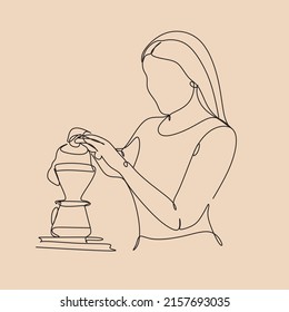 Coffee barista line drawing. minimalist line art of man doing coffee