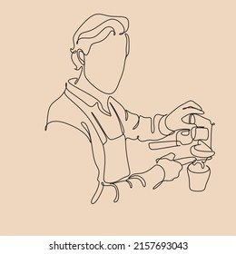 Coffee barista line drawing. minimalist line art of man doing coffee