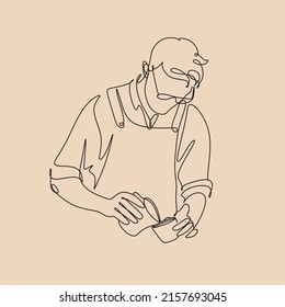 Dibujo de la línea barista del café. arte de línea minimalista del hombre haciendo café