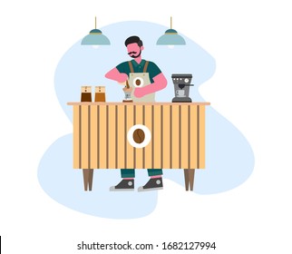 Coffee barista make coffee with coffee machine flat illustration