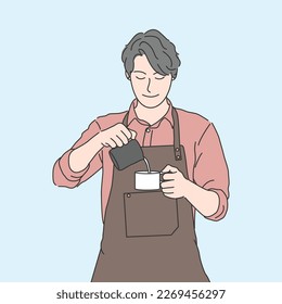 Hombre barista de café vertiendo leche en una taza de café. Ilustraciones de diseño vectorial de estilo dibujado a mano.