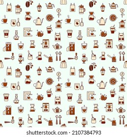 Coffee and barista seamless pattern with color icons. Beans and espresso machine. Flat beige symbols. Vector stock illustration