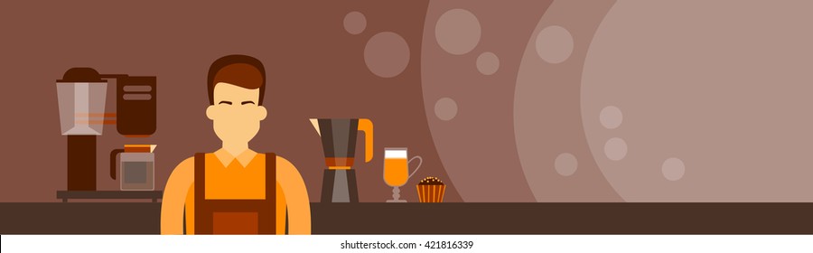 Coffee Barista Work Place Cafe Man Copy Space Horisontal Banner Flat Vector Illustration
