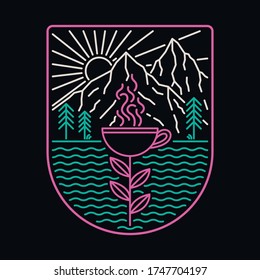 Coffee beach sea nature wild badge patch pin neon graphic illustration vector art t-shirt design