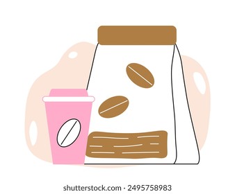 Coffee beams concept. Pink mug near bag of beans. Aroma and beverage. Tasty liquid and hot drink. Sachet and pouch with seeds. Linear vector illustration isolated on white background