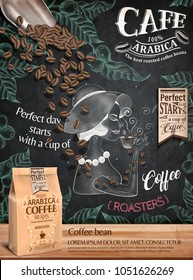 Coffee bean ads, paper bag package in 3d illustration on engraving style painted chalkboard