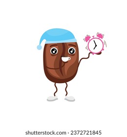 Coffee bean with alarm clock and cup on white background