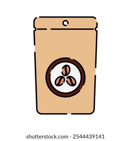 Coffee bean bag Icon Illustration with bright colour palette in flat design style Ideal for cafe branding, menus, and coffee-themed designs.