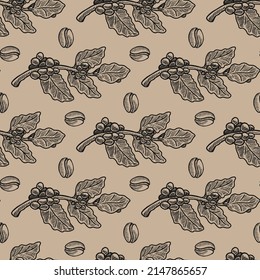 Coffee bean and branch vector seamless pattern