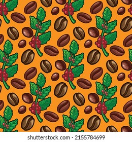 Coffee bean and branch vector seamless pattern