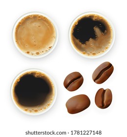 Coffee Bean And Brewed Drink Collection Set Vector. Roasted Agricultural Seeds And Foamy Energy Aroma Black Beverage Cup. Morning Refreshment Product Template Realistic 3d Illustrations