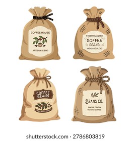 Coffee bean burlap sack collection, set of vintage gunny bags vector illustration