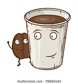 Coffee bean cartoon character with coffee paper cup