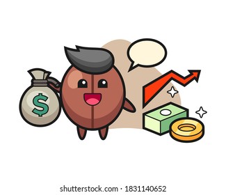 Coffee bean cartoon holding money sack