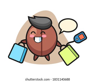 Coffee bean cartoon holding a shopping bag