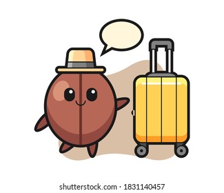 Coffee bean cartoon with luggage on vacation