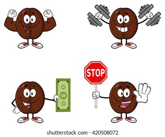 Coffee Bean Cartoon Mascot Character 02. Set Vector Collection Isolated On White