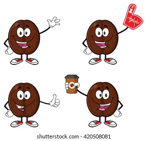 Coffee Bean Cartoon Mascot Character 01. Set Vector Collection Isolated On White