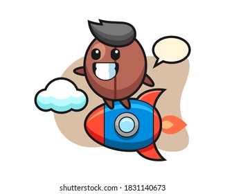 Coffee bean cartoon riding a rocket