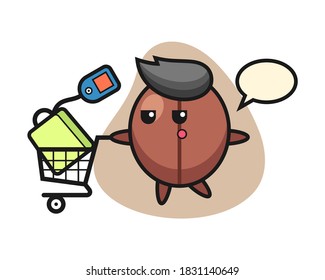 Coffee bean cartoon with a shopping cart