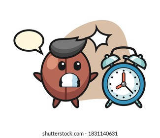 Coffee bean cartoon surprised with a giant alarm clock