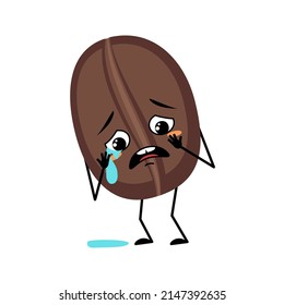 Coffee bean character with crying and tears emotion, sad face, depressive eyes, arms and legs. Food person with melancholy expression and pose. Vector flat illustration