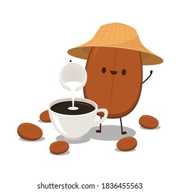 Coffee bean character design. Coffee seed vector. Pour the milk into the coffee.