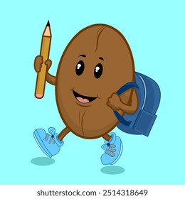 The coffee bean character is going to school carrying a bag and pencil, sticker, character, cartoon, illustrations