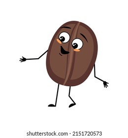 Coffee bean character with happy emotion, joyful face, smile eyes, arms and legs. Person with expression, food emoticon. Vector flat illustration