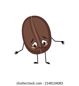 Coffee bean character with sad emotions, depressed face, down eyes, arms and legs. Food person with melancholy expression and pose. Vector flat illustration