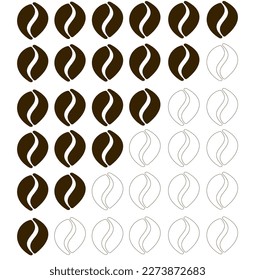 La intensidad del icono de la gráfica de judías de café establece seis botones en una fila aislados en fondo blanco. Granos de café a nivel cafeína - elementos infográficos. Vector plano, simple, de diseño de línea ilustrativo de una bebida.