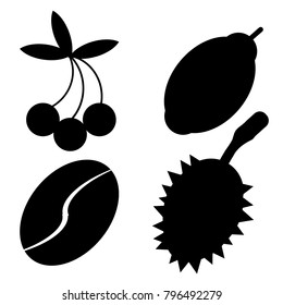 Coffee bean, cocoa, durian and wild cherry flat, black silhouette icon set.
