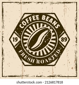 Coffee bean colored vector vintage emblem, badge, label or logo. Illustration on background with grunge textures and frame vector illustration