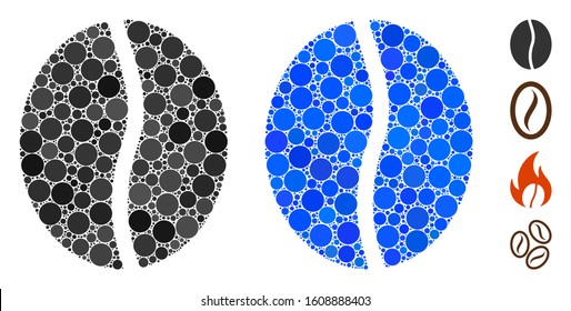 Coffee bean composition of filled circles in variable sizes and color tints, based on coffee bean icon. Vector random circles are composed into blue composition.
