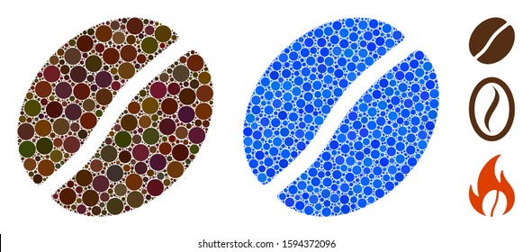 Coffee bean composition of round dots in different sizes and color tinges, based on coffee bean icon. Vector round dots are grouped into blue mosaic.