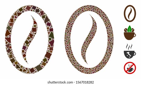 Coffee bean composition of trembly pieces in various sizes and color hues, based on coffee bean icon. Vector humpy pieces are combined into composition. Coffee bean icons collage with dotted pattern.