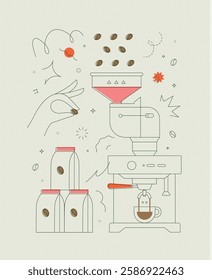 Coffee bean container coffee machine symbols drawing in modern linear art style on light background