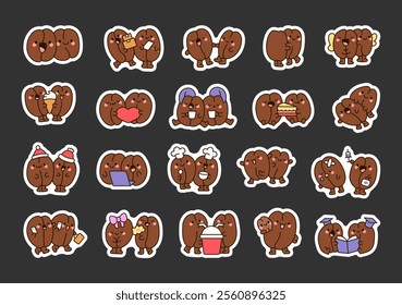 Coffee bean couple characters set with cute kawaii cartoon designs featuring love, joy, fun activities, cheerful expressions, romantic gestures, and playful themes