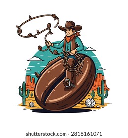 Coffee Bean Cowboy Riding Giant Roasted Bean in Desert Landscape
