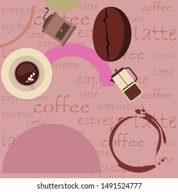 Coffee bean, cup, coffee grinder, french press. Design elements for a cafe. Vector background.