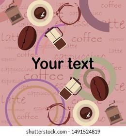 Coffee bean, cup, coffee grinder, french press. Design elements for a cafe. Vector background.