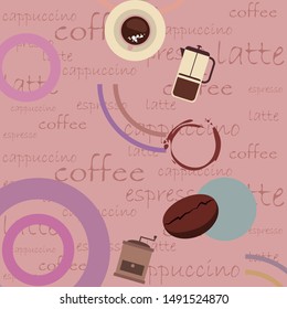 Coffee bean, cup, coffee grinder, french press. Design elements for a cafe. Vector background.
