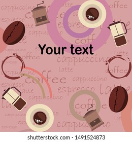 Coffee bean, cup, coffee grinder, french press. Design elements for a cafe. Vector background.