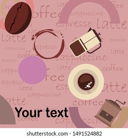 Coffee bean, cup, coffee grinder, french press. Design elements for a cafe. Vector background.