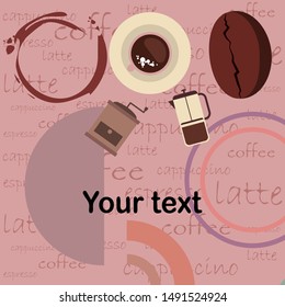 Coffee bean, cup, coffee grinder, french press. Design elements for a cafe. Vector background.