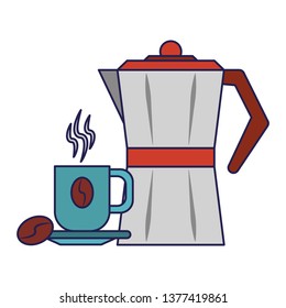 Coffee bean cup and kettle with beverage blue lines