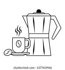 Coffee bean cup and kettle with beverage in black and white