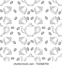 Coffee bean, cup and kettle, ink hand draw seamless pattern. Doodle teapots, coffee kettles isolated. Sketch illustration, for cafe and restaurant menu design, wrapping, wallpaper and packaging.