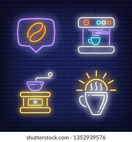 Coffee bean, cup and manual grinder neon signs set. Cafe, break, beverage design. Night bright neon sign, colorful billboard, light banner. Vector illustration in neon style.